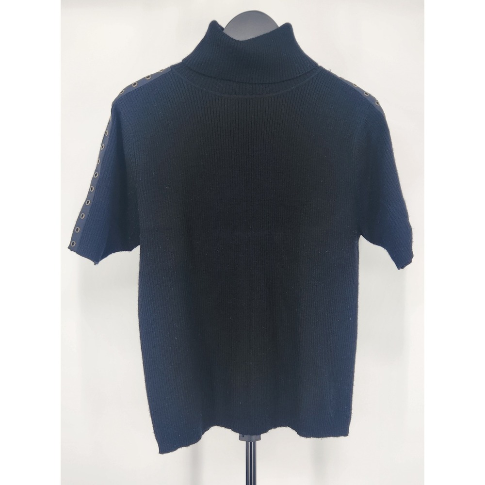 Andrea Jovine Black 100% Merino Wool Ribbed Grommet Short Sleeve Turtleneck XL